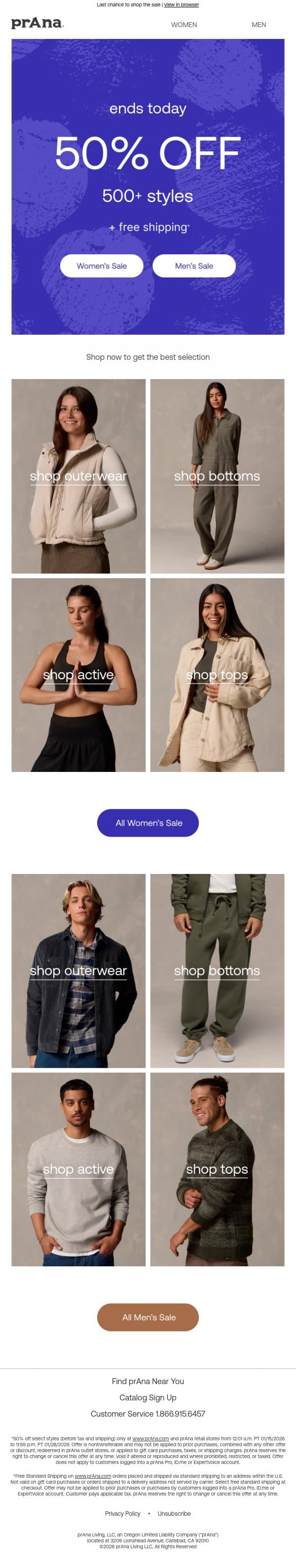 50% OFF ENDS TONIGHT email from Prana screenshot