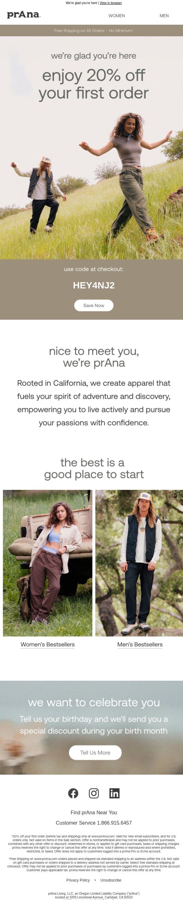 20% Off To Say Welcome To prAna 👋 email from Prana screenshot