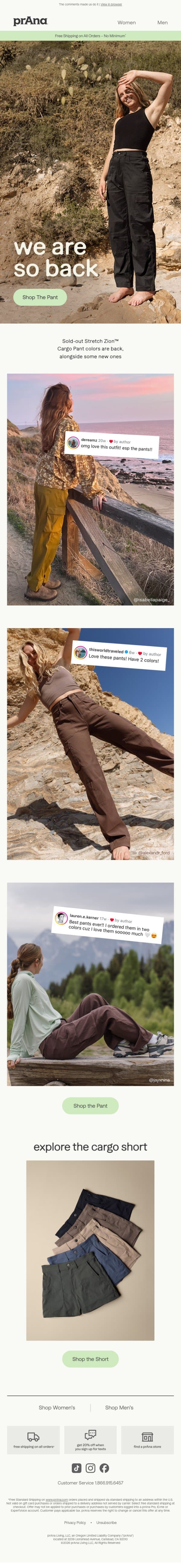 Stretch Zion™ Cargo Pant is Back email from Prana screenshot