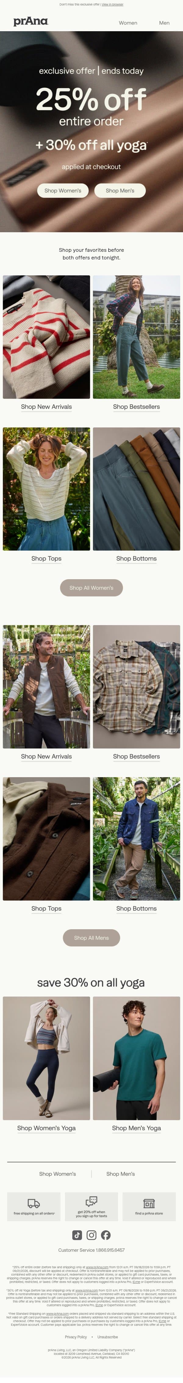 25% Off + 30% Off Yoga Ends Today email from Prana screenshot