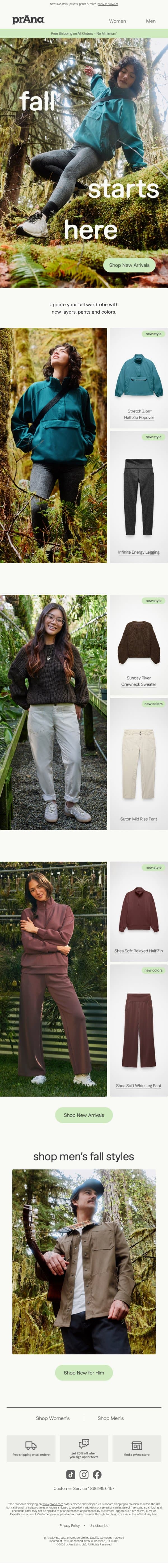 Fall's Newest Arrivals email from Prana screenshot