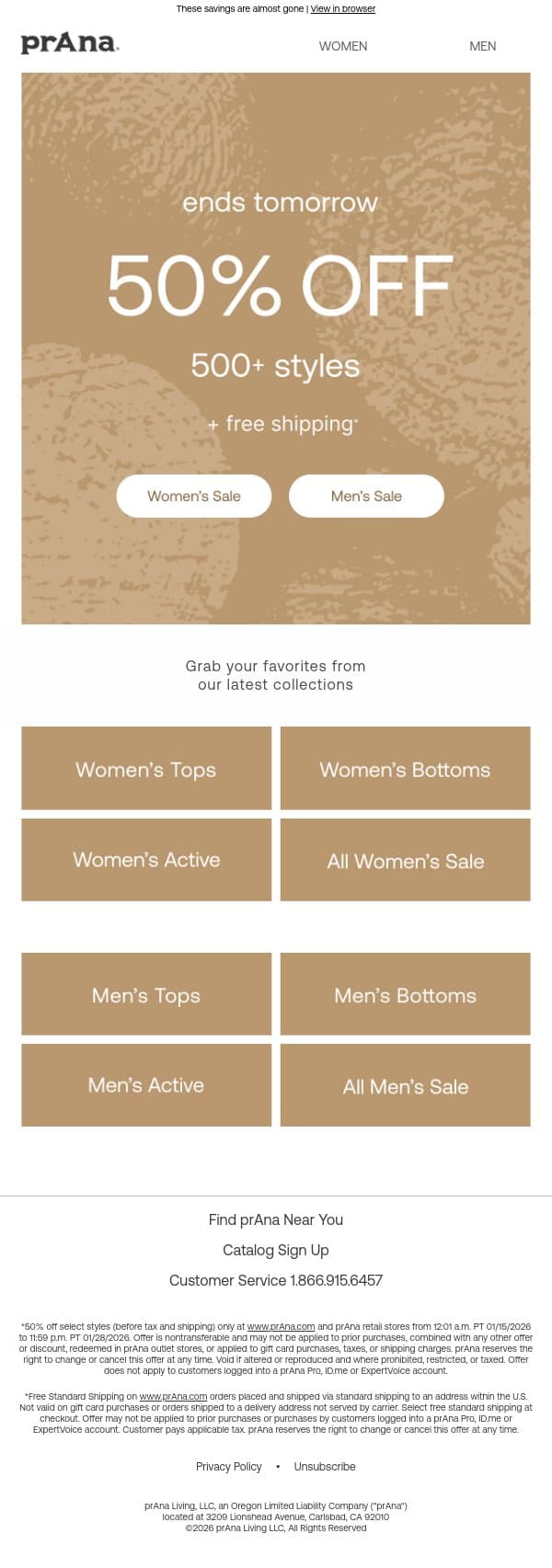 50% Off Ends Tomorrow 🚨 email from Prana screenshot