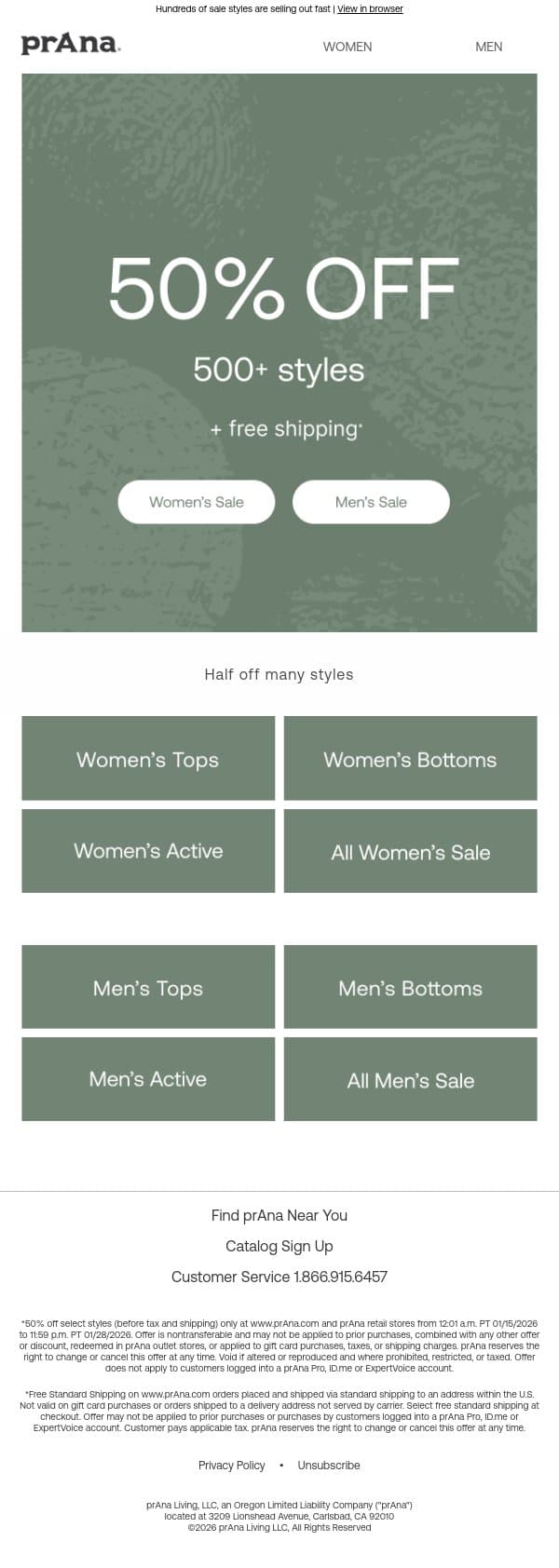 NOW 50% OFF email from Prana screenshot