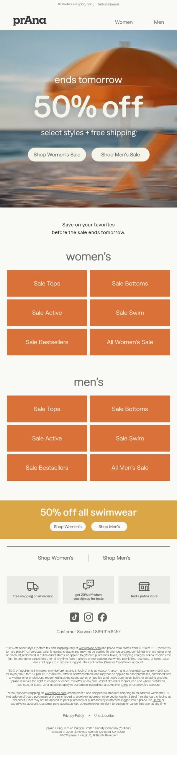 50% Off Ends Tomorrow email from Prana screenshot
