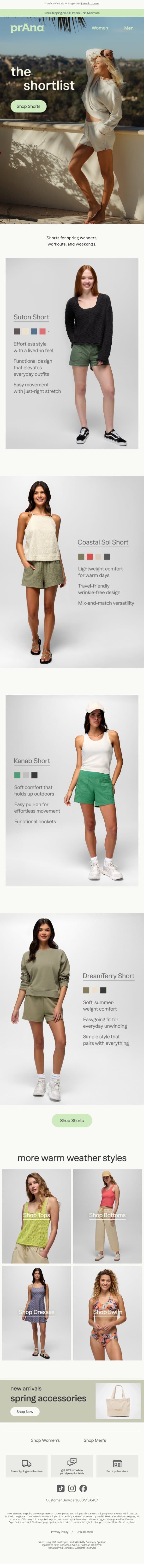Your Spring Shorts Are In email from Prana screenshot