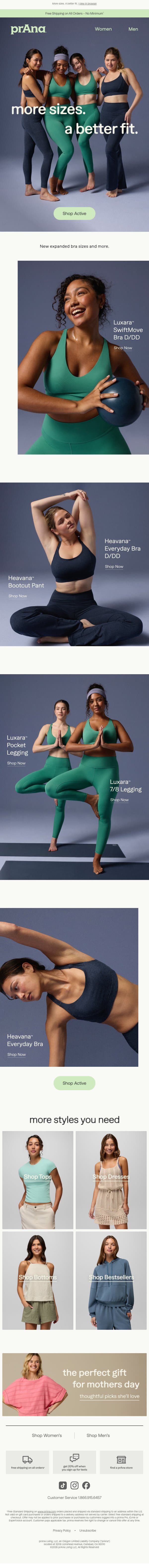 Just Dropped: Expanded Bra Sizes email from Prana screenshot