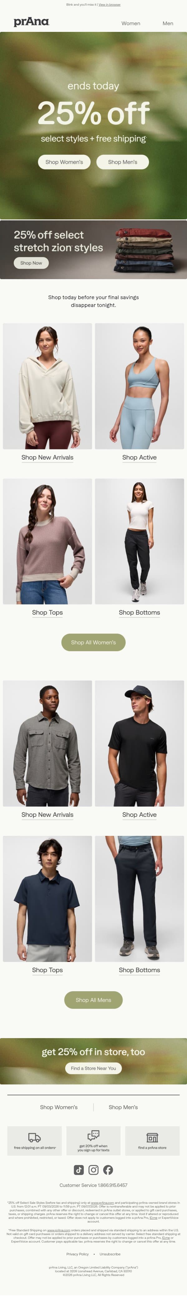 25% Off Ends TODAY ⏰ email from Prana screenshot