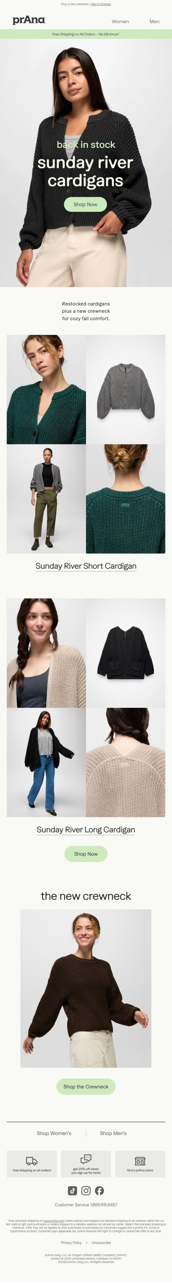 Restocked: Sunday River Cardigans email from Prana screenshot