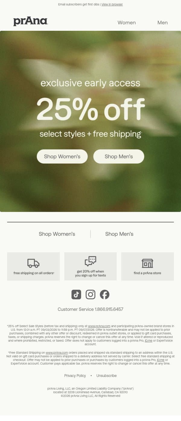 Early Access: 25% Off email from Prana screenshot