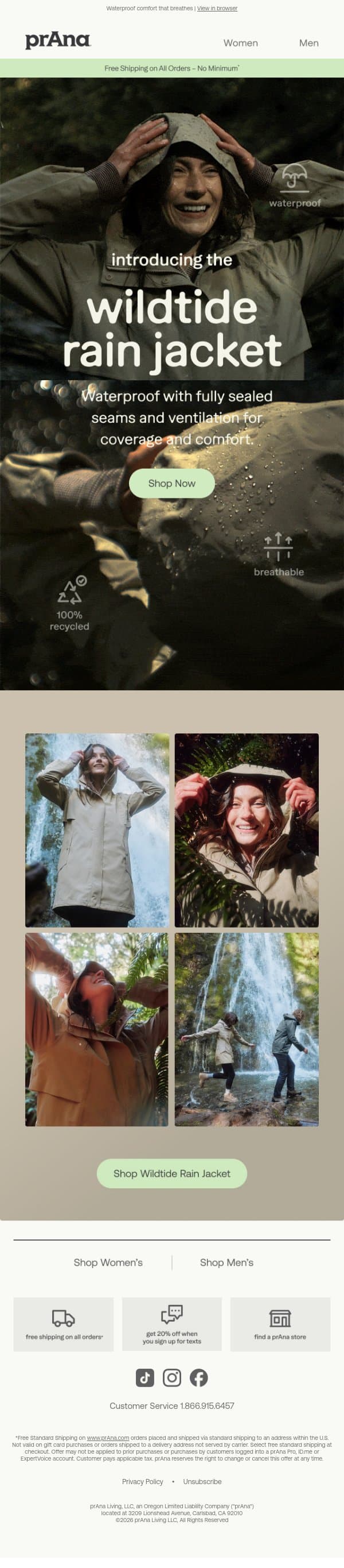 Meet the Wildtide Rain Jacket email from Prana screenshot