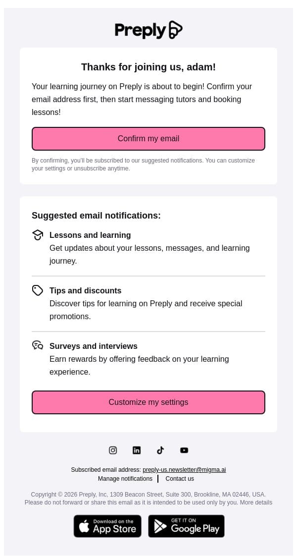Confirm your email email from Preply screenshot