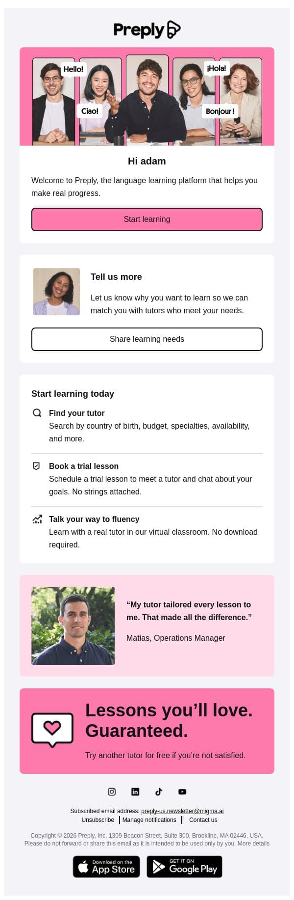 Your journey to fluency starts here 🌍 email from Preply screenshot