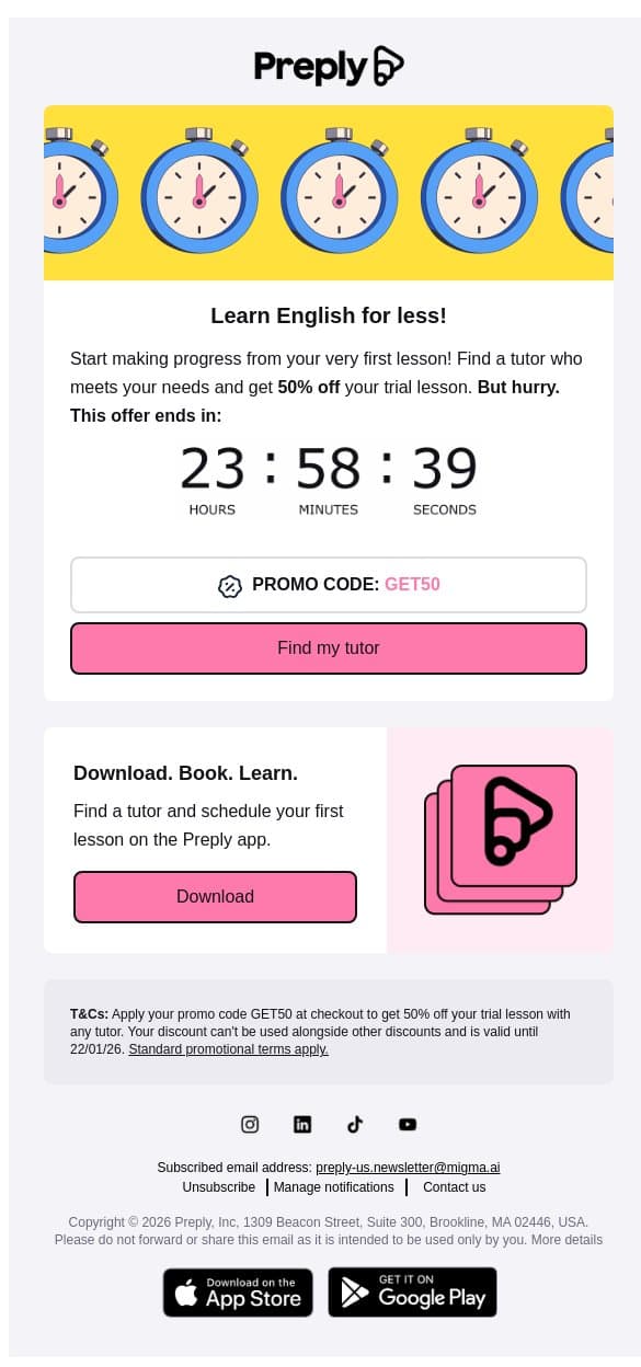50% off, 24h left! ⏰ email from Preply screenshot