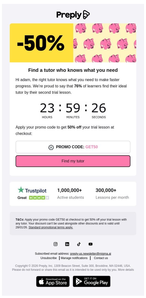 Hurry, claim your half-price trial lesson 💰 email from Preply screenshot