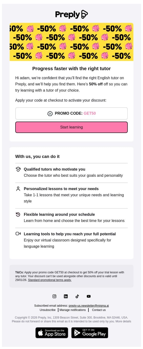 Your ideal English tutor is waiting email from Preply screenshot