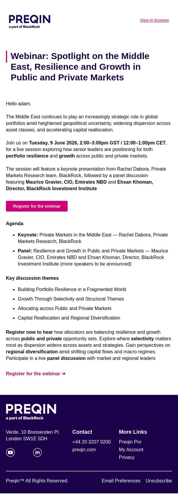Webinar: Spotlight on the Middle East Panel Discussion, Resilience and Growth in Public and Private Markets email from Preqin screenshot