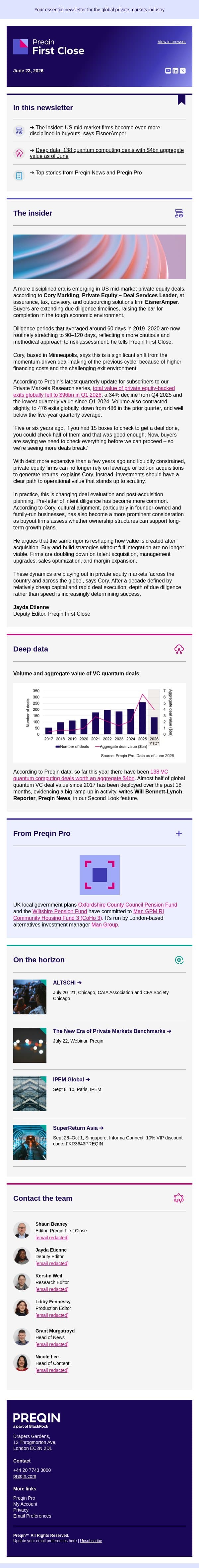Deeper due diligence back for US mid-market as deal timelines stretch email from Preqin screenshot