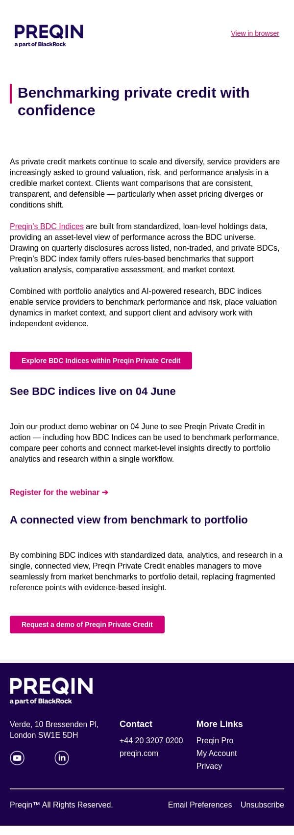 Benchmarking private credit with asset‑level market data email from Preqin screenshot