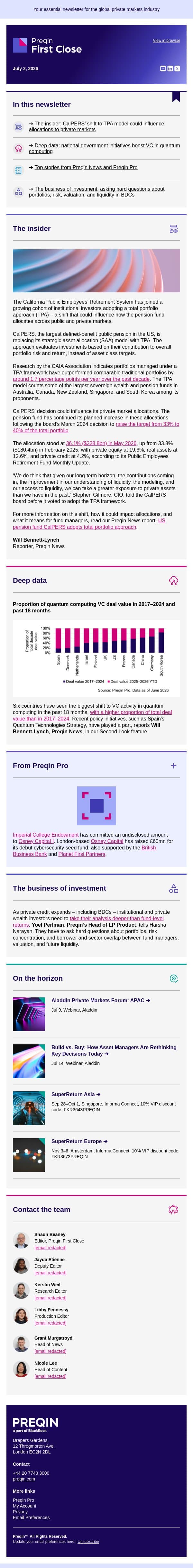 CalPERS turns to a total portfolio approach email from Preqin screenshot