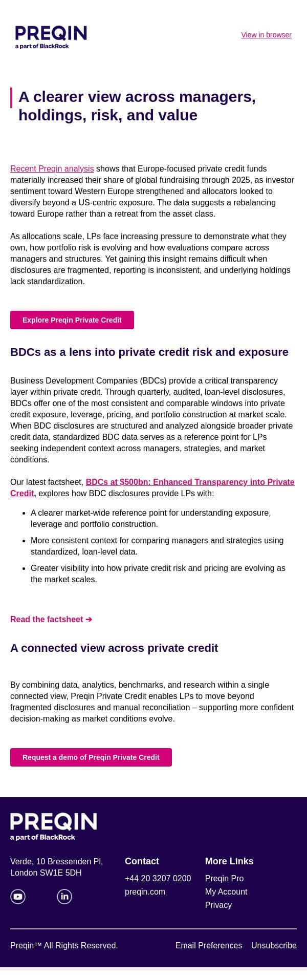 Private credit in focus: gaining clarity as portfolios scale email from Preqin screenshot