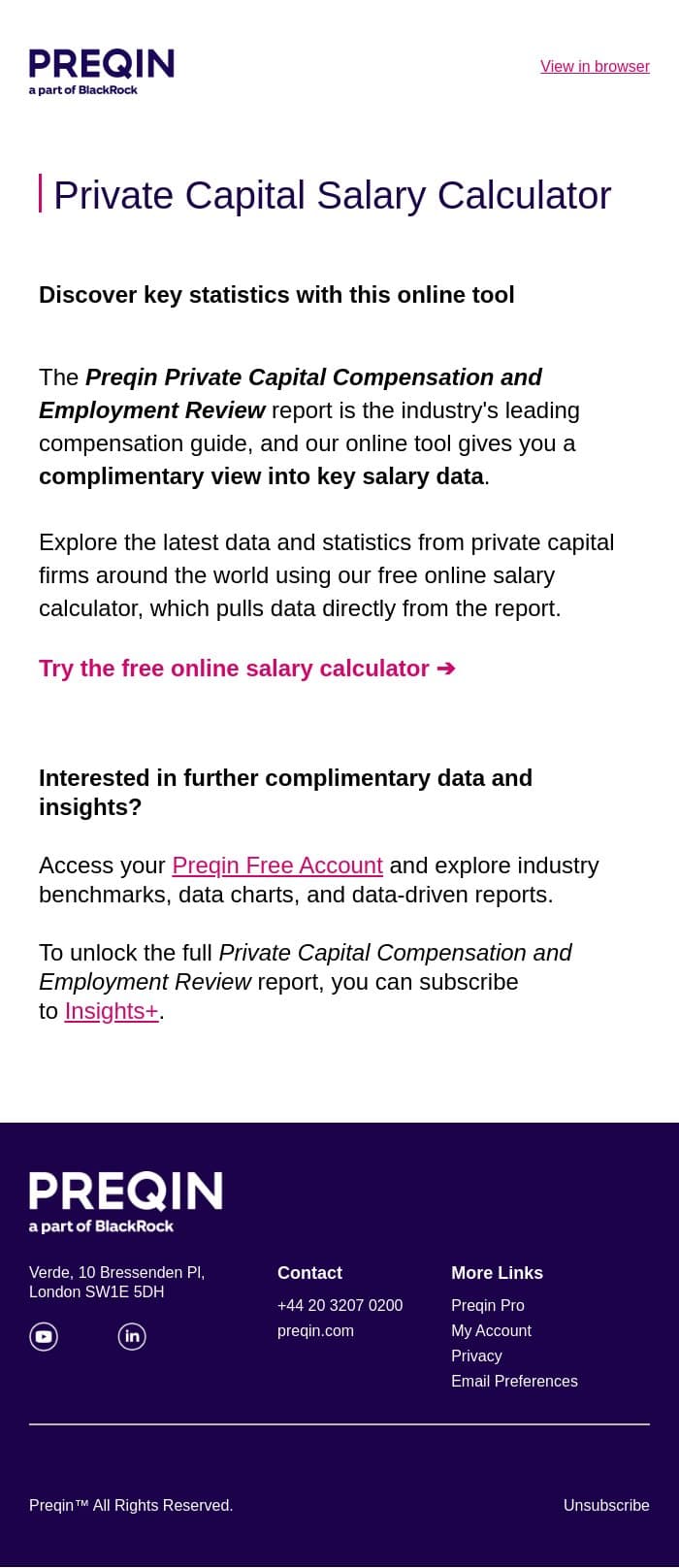 Access private capital salary data email from Preqin screenshot