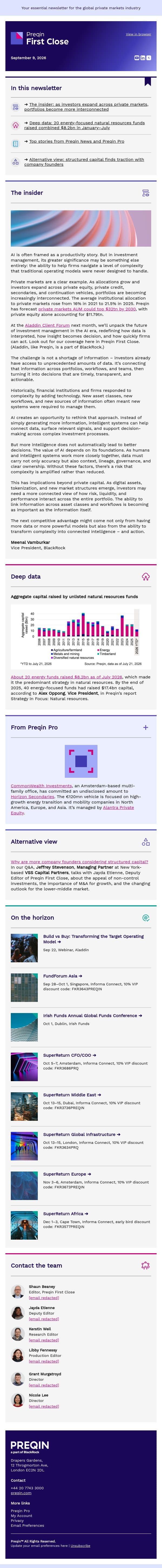 Turning complexity into investment intelligence email from Preqin screenshot