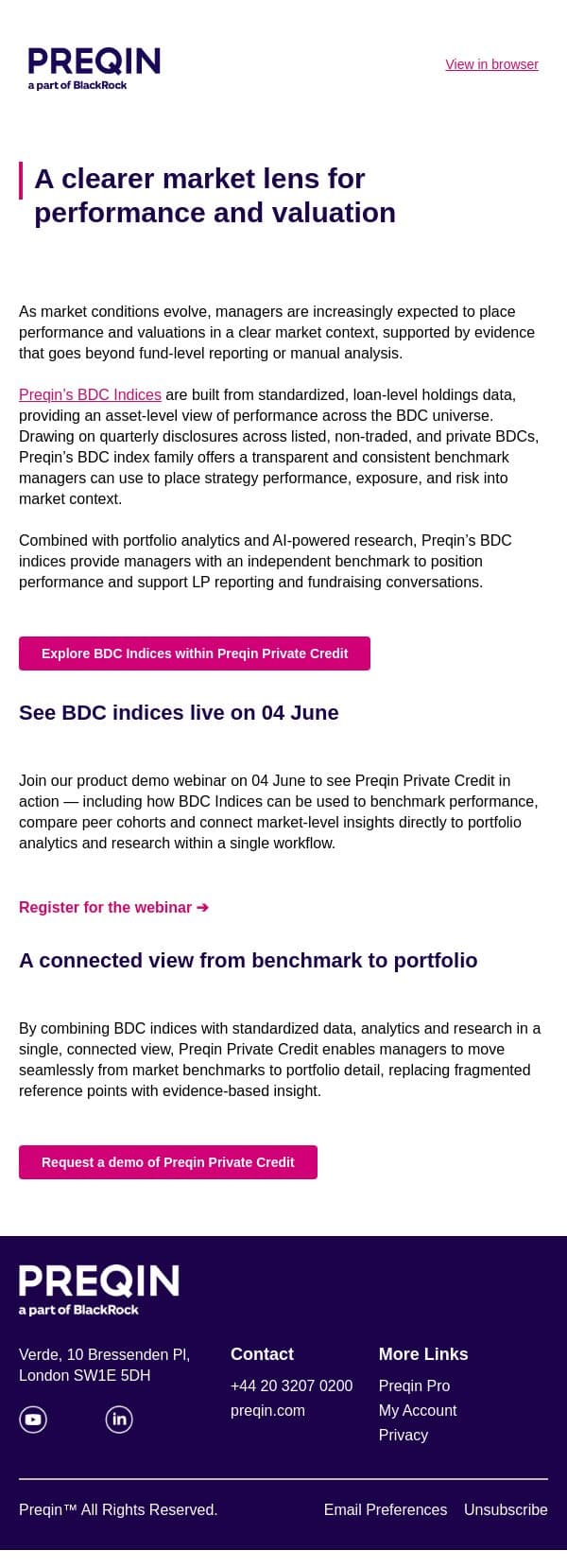 Independent benchmarks for private credit performance email from Preqin screenshot