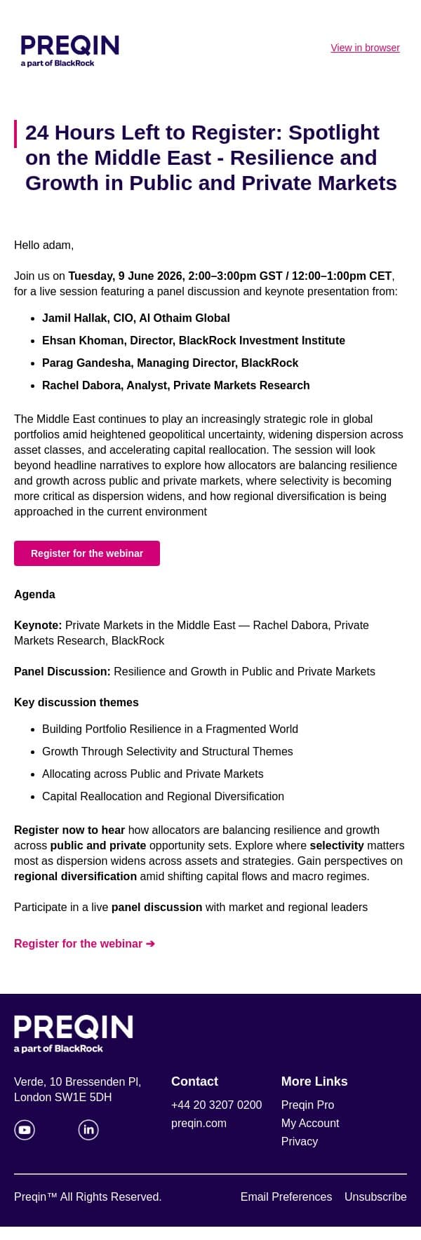 24 Hours Left to Register: Spotlight on the Middle East - Resilience and Growth in Public and Private Markets Webinar email from Preqin screenshot