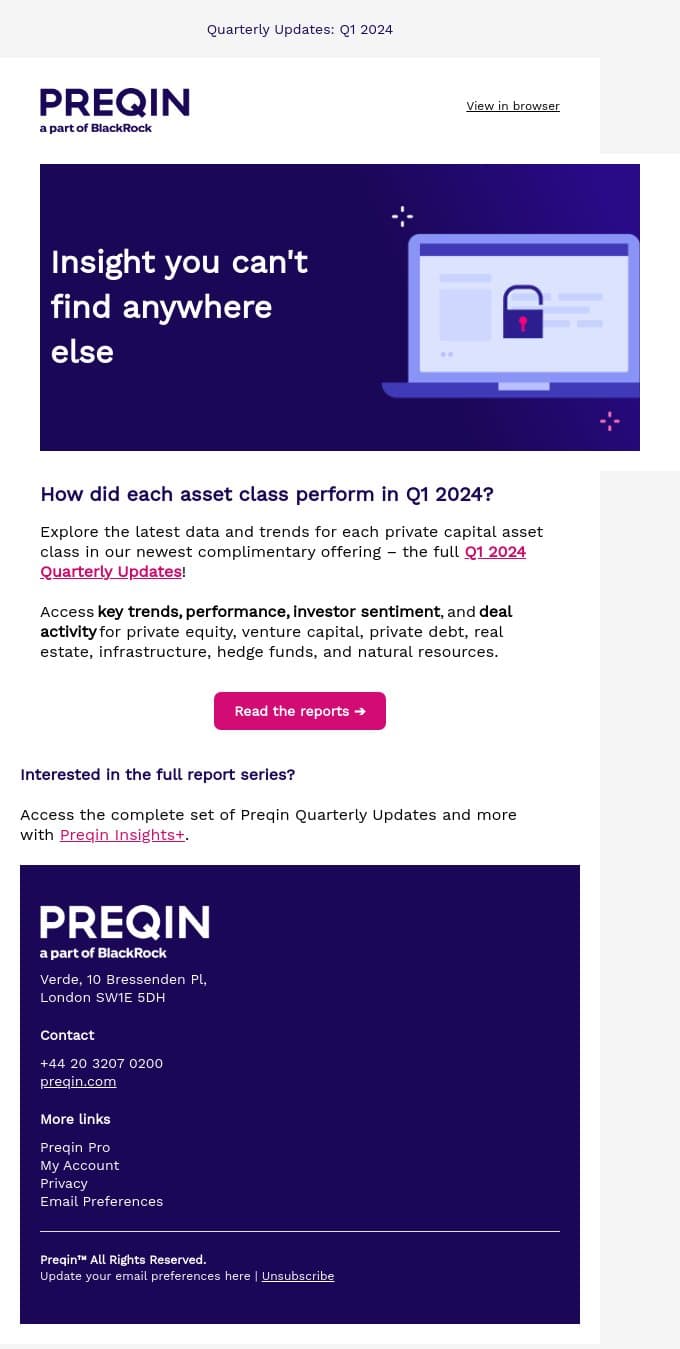 Explore performance data in private markets email from Preqin screenshot