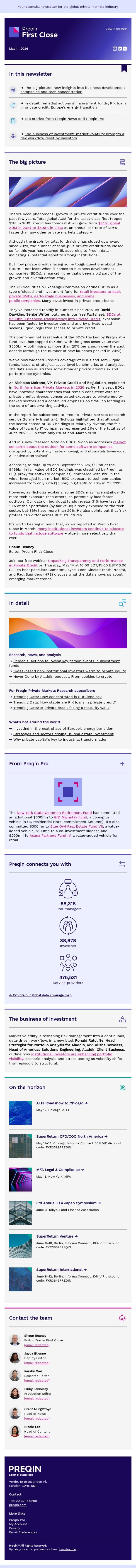 Analyzing BDCs, software companies, and trends in private credit email from Preqin screenshot