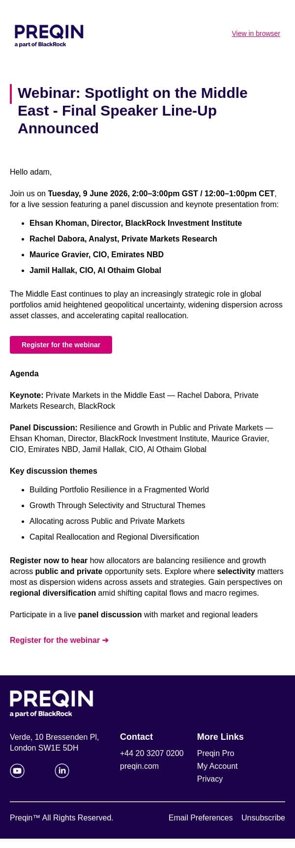Webinar Invite: Spotlight on the Middle East - Final Speaker line-up announced email from Preqin screenshot