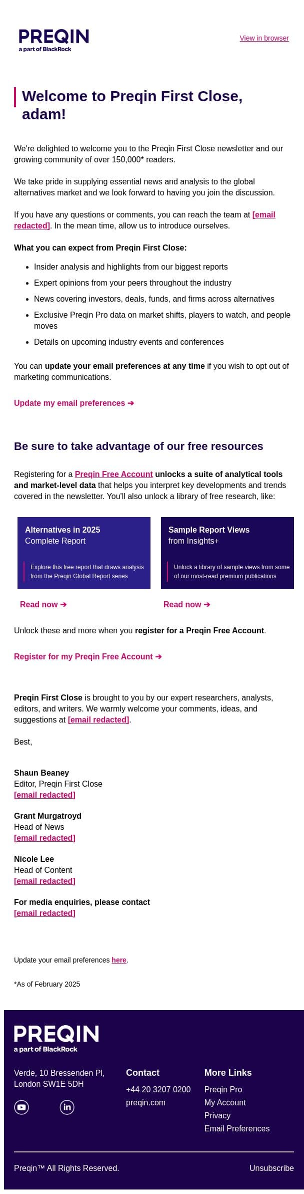 adam, you have successfully subscribed to Preqin First Close email from Preqin screenshot