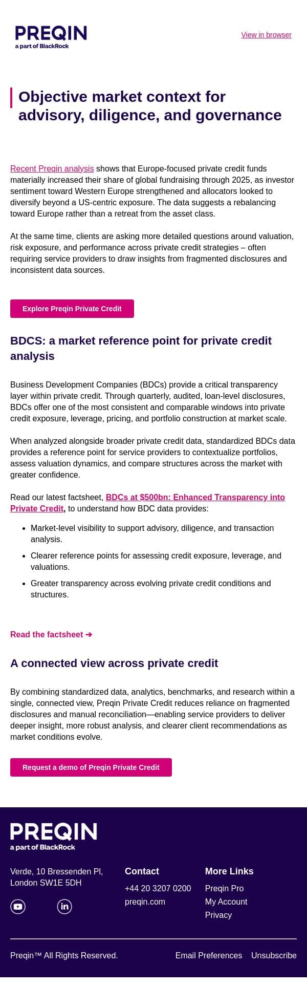 A clearer market reference for private credit, advisory, and analysis email from Preqin screenshot