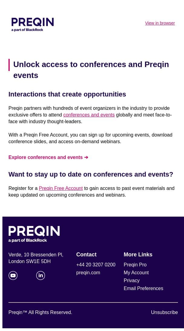 Gain access to industry events with a Preqin Free Account email from Preqin screenshot