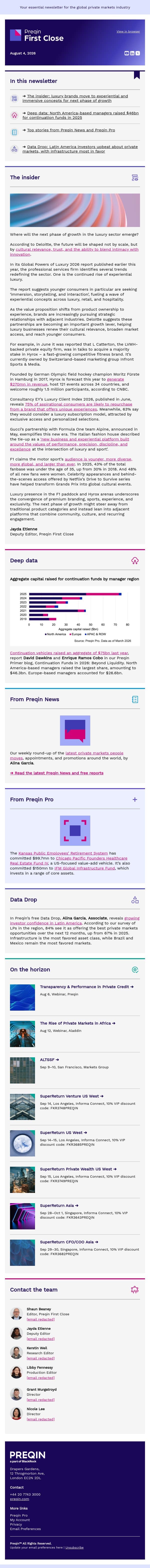Private equity backs the experience economy in luxury email from Preqin screenshot