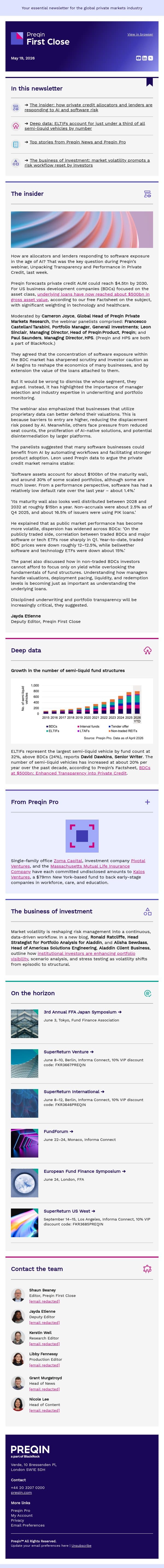 Expert manager selection, underwriting, and portfolio monitoring key in private credit email from Preqin screenshot