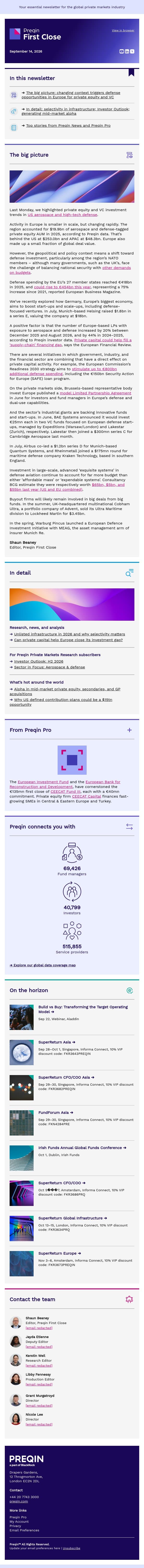 Defense investment means a great deal to Europe email from Preqin screenshot