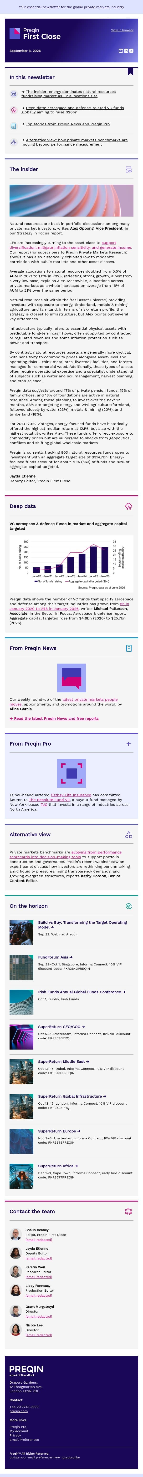 Institutional investors up allocations to natural resources email from Preqin screenshot