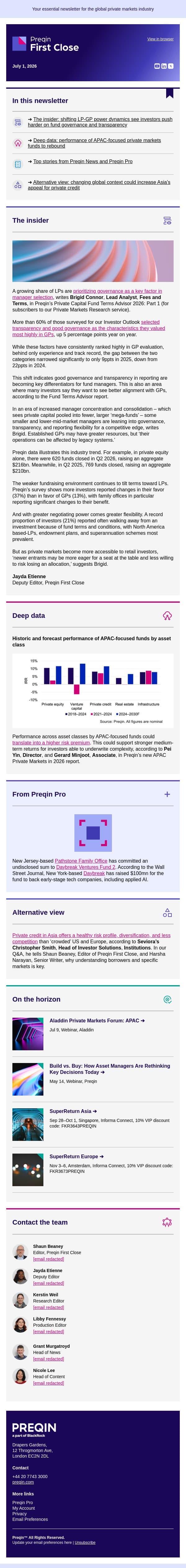 Investors focus on good governance as 'decisive' for manager selection email from Preqin screenshot