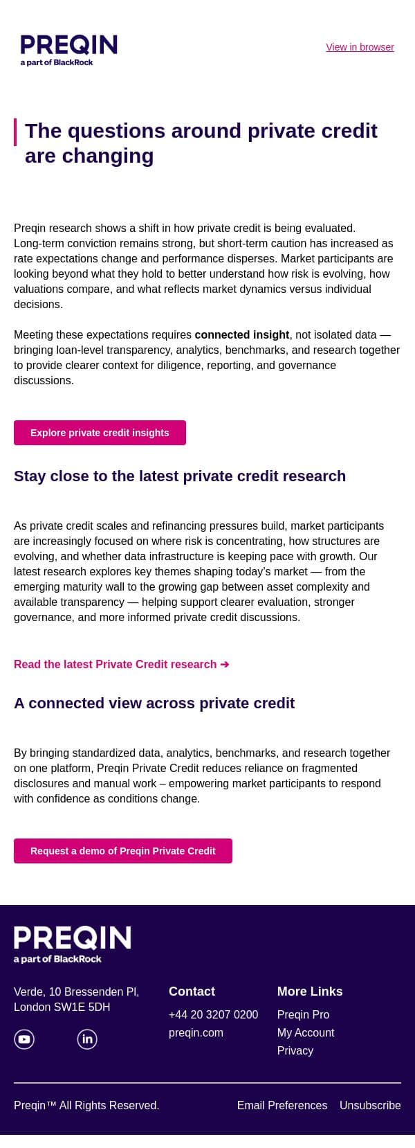How private credit is being evaluated differently in today’s market email from Preqin screenshot