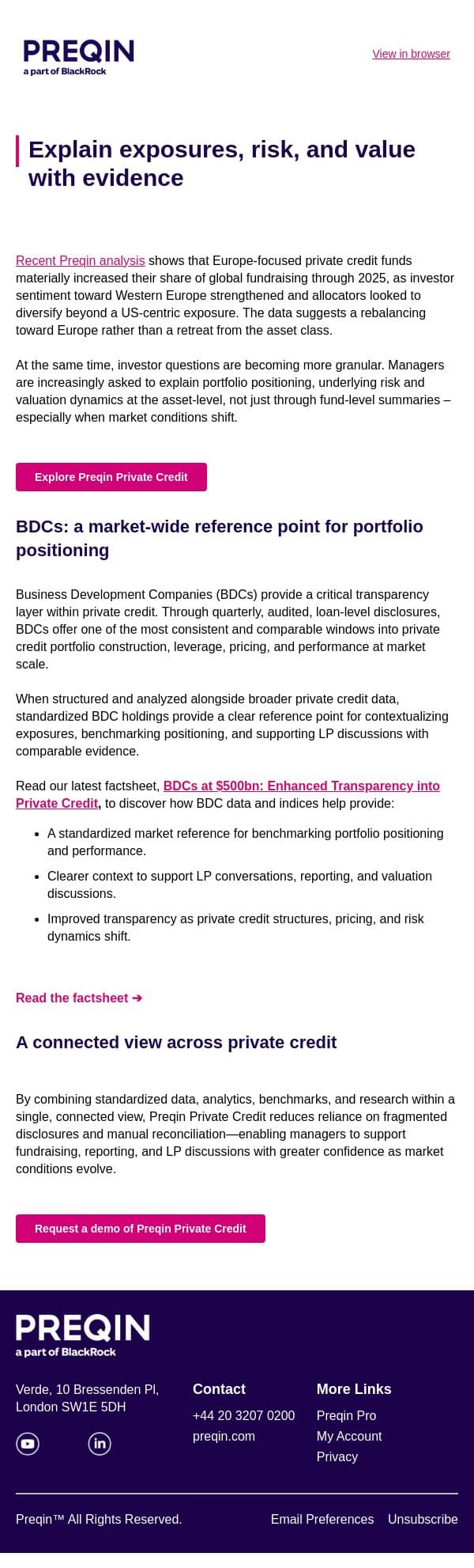 A market-wide view to support fundraising, reporting, and LP questions email from Preqin screenshot