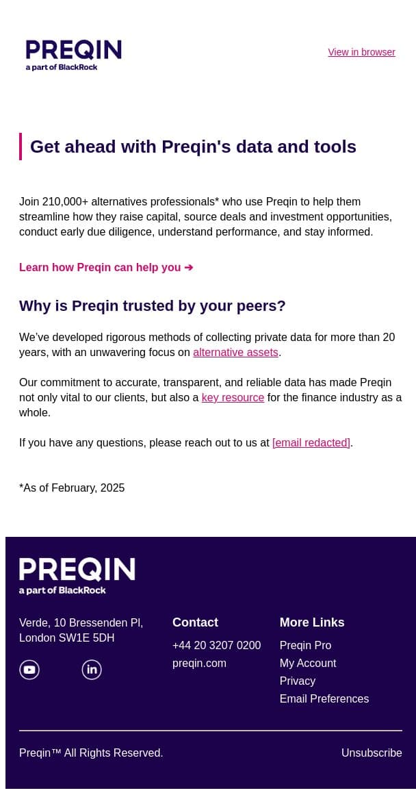 Get ahead in private markets with Preqin's data email from Preqin screenshot