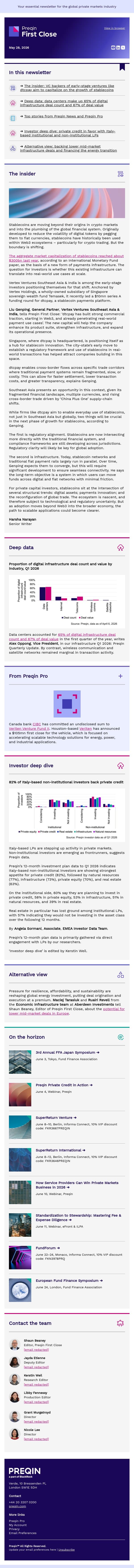 The venture potential in stablecoin start-ups email from Preqin screenshot