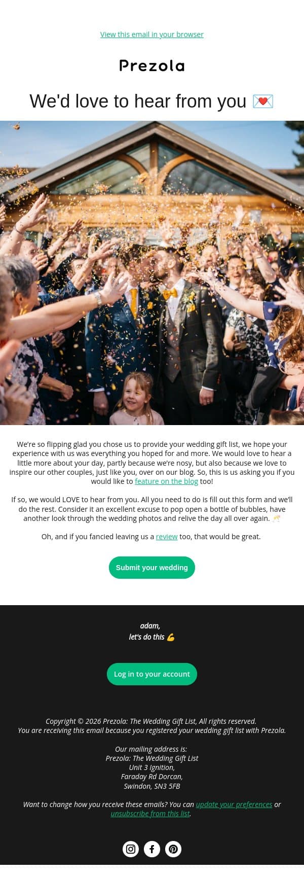 We'd love to hear from you! 💌 email from Prezola screenshot