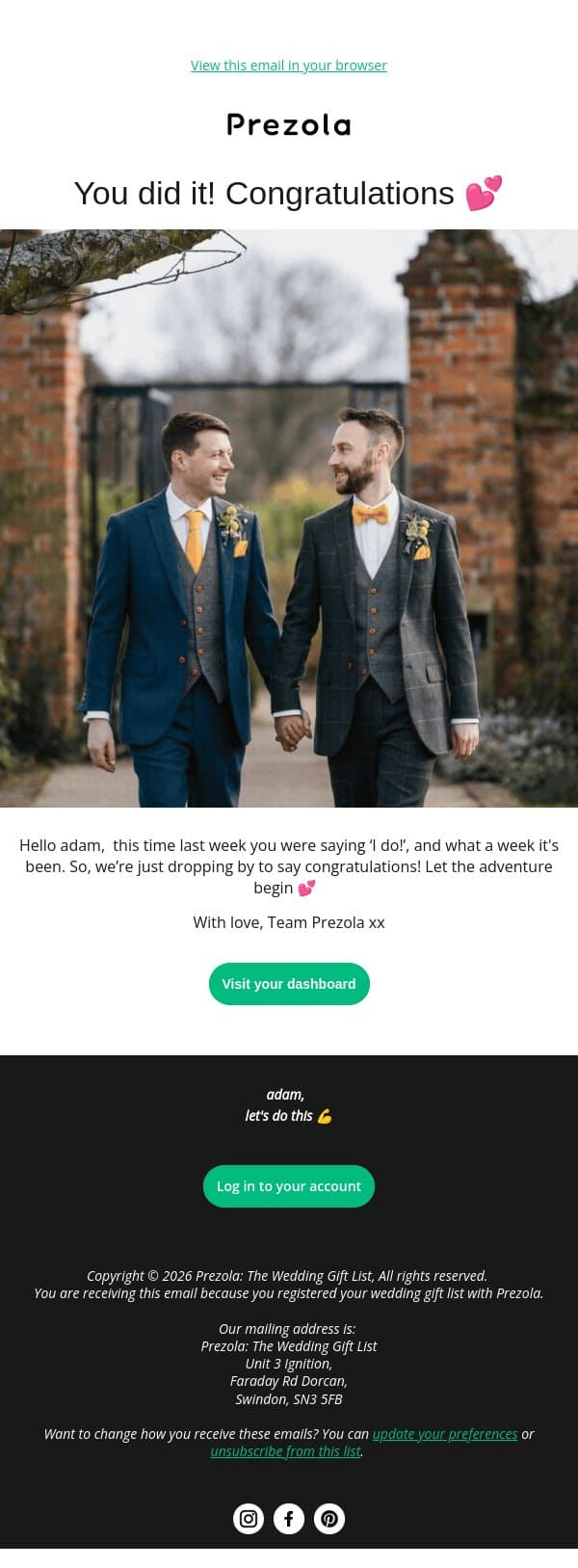 Congratulations, lovebirds! email from Prezola screenshot