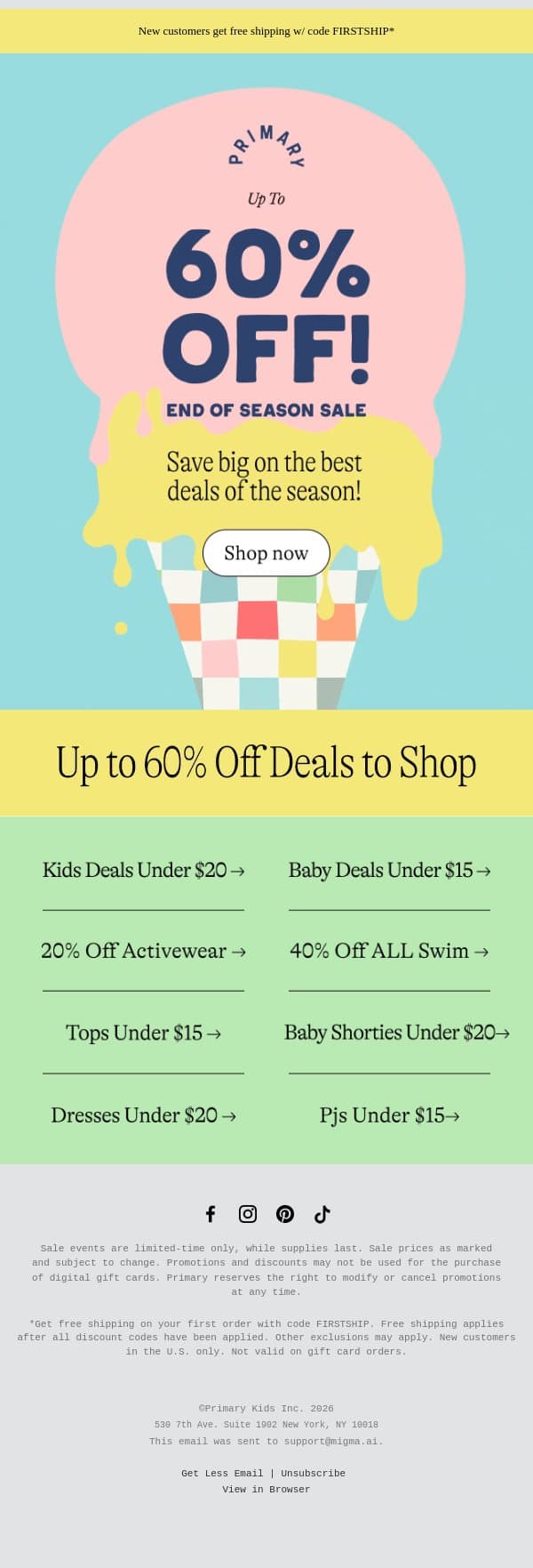 The Sweetest Sale of Summer 🍨 Up to 60% off deals are here! email from Primary screenshot
