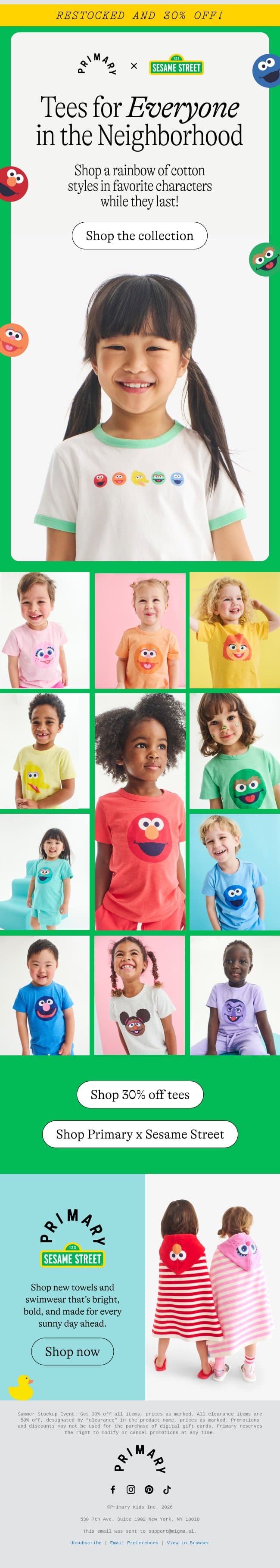 Restocked! Sold-out Sesame Street tees are *finally* back 🧡💛💚 email from Primary screenshot