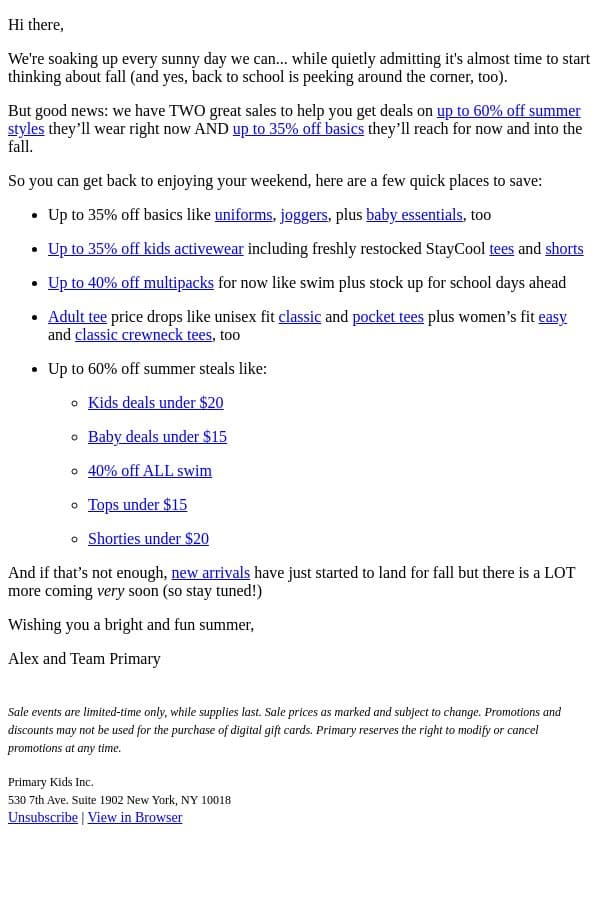 Hi there, Our TWO big sales for summer + back to school are here. email from Primary screenshot