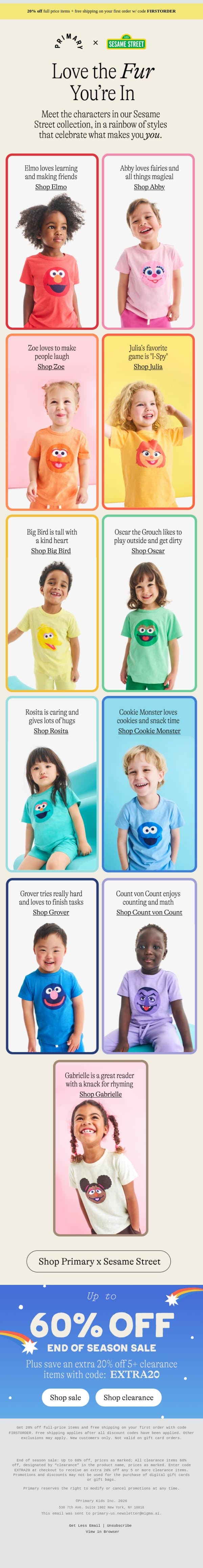 Meet all 11 (!) characters in our Sesame Street collection email from Primary screenshot