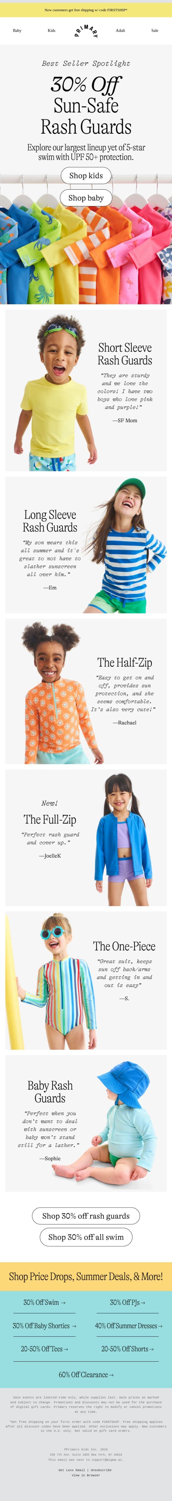 30% OFF 🏆 Sun-Safe Rash Guards 🏆 email from Primary screenshot
